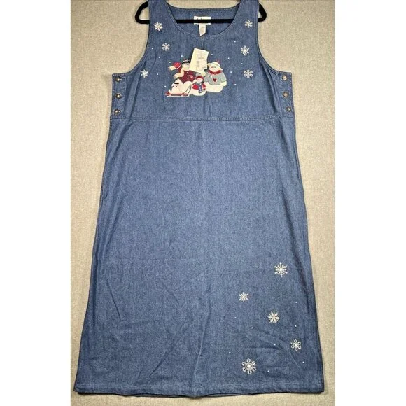 Casey Coleman | Dresses | Cj Bank Womens Denim Maxi Dress Size 6w Blue  Christmas Snowmen Winter | Poshmark